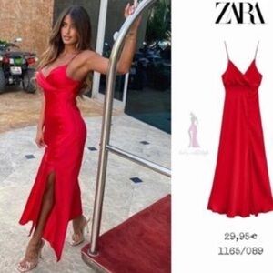Zara Slit Buttoned Red Satin Effect Dress